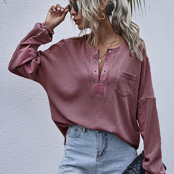 Lavender pocket oversized knit waffle top - Picture 2 of 15